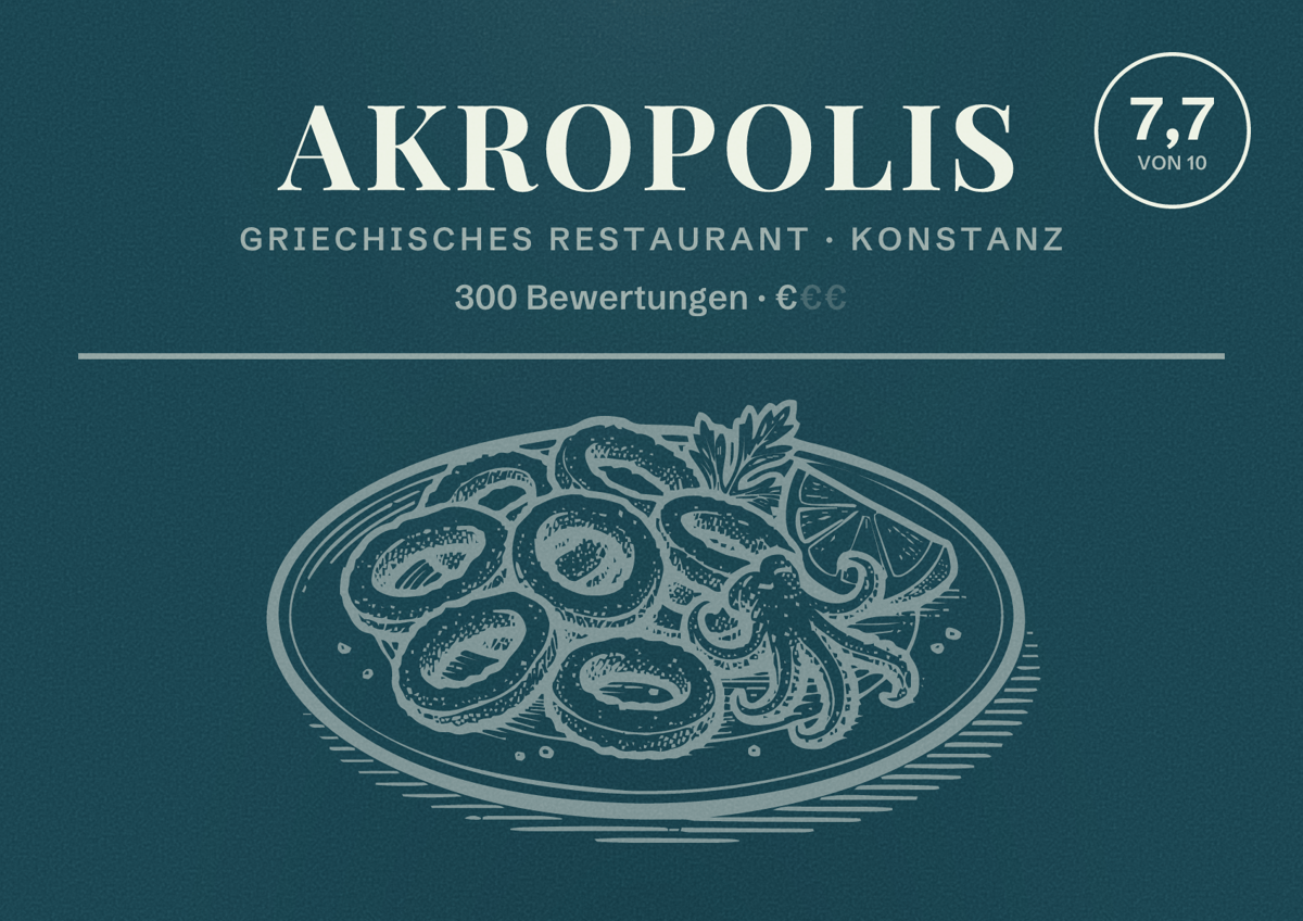 Illustriertes Poster von Akropolis, Griechisches Restaurant in Konstanz: Bewertung 7,7 von 10 aus 300 Bewertungen, Preisniveau €