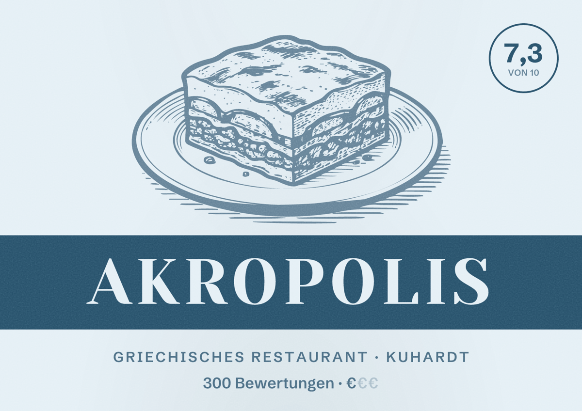 Illustriertes Poster von Akropolis, Griechisches Restaurant in Kuhardt: Bewertung 7,3 von 10 aus 300 Bewertungen, Preisniveau €