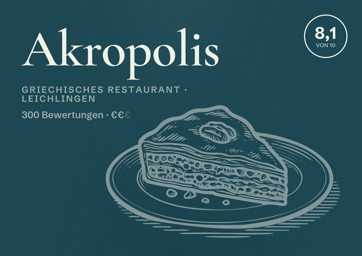 Illustriertes Poster von Akropolis, Griechisches Restaurant in Leichlingen: Bewertung 8,1 von 10 aus 300 Bewertungen, Preisniveau €€