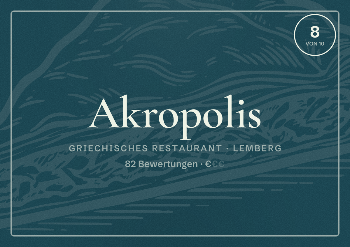 Illustriertes Poster von Akropolis, Griechisches Restaurant in Lemberg: Bewertung 8 von 10 aus 82 Bewertungen, Preisniveau €