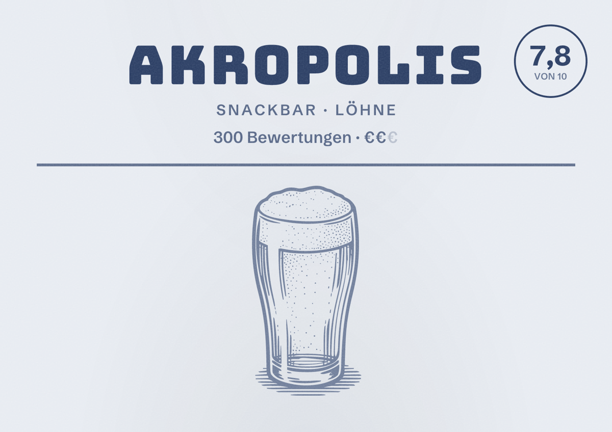 Illustriertes Poster von Akropolis, Snackbar in Löhne: Bewertung 7,8 von 10 aus 300 Bewertungen, Preisniveau €€