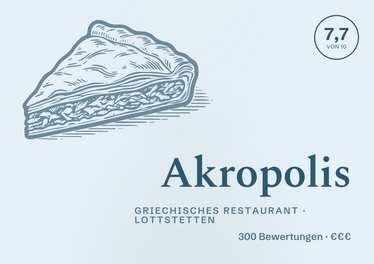 Illustriertes Poster von Akropolis, Griechisches Restaurant in Lottstetten: Bewertung 7,7 von 10 aus 300 Bewertungen, Preisniveau €€€