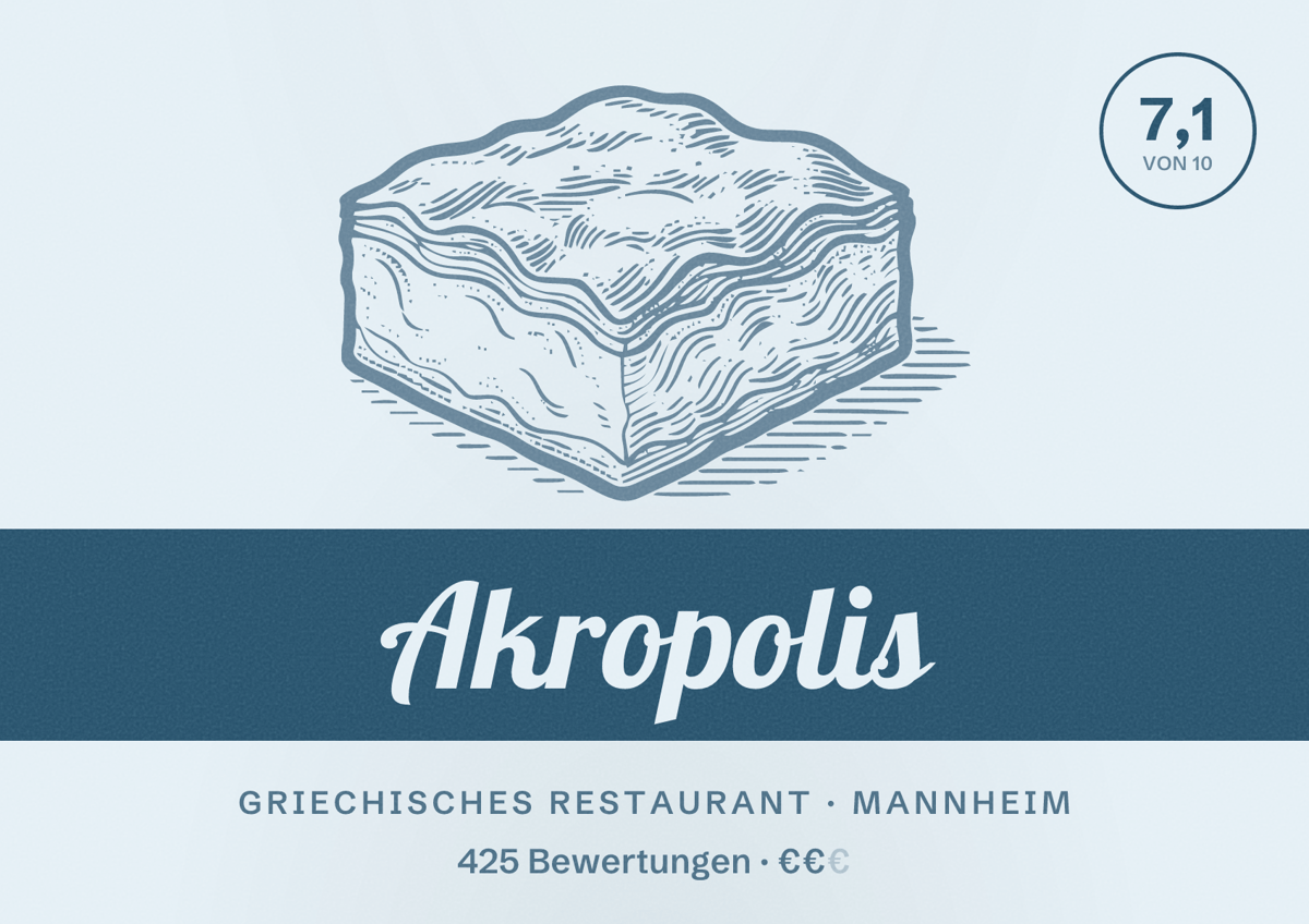 Illustriertes Poster von Akropolis, Griechisches Restaurant in Mannheim: Bewertung 7,1 von 10 aus 425 Bewertungen, Preisniveau €€