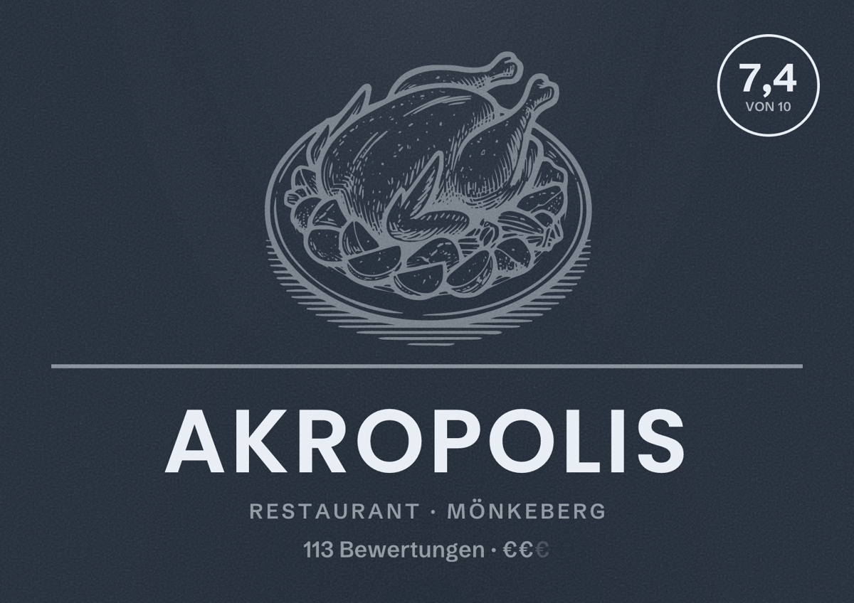 Illustriertes Poster von Akropolis, Restaurant in Mönkeberg: Bewertung 7,4 von 10 aus 113 Bewertungen, Preisniveau €€