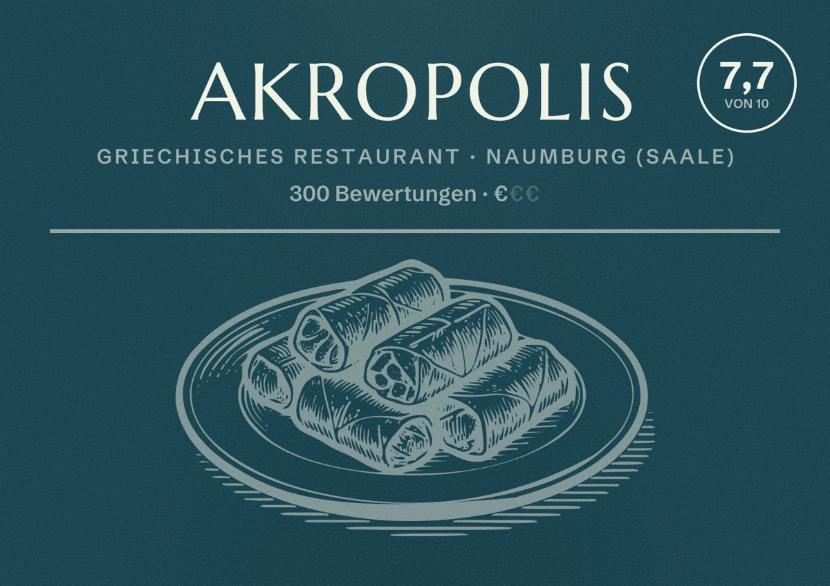 Illustriertes Poster von AKROPOLIS, Griechisches Restaurant in Naumburg (Saale): Bewertung 7,7 von 10 aus 300 Bewertungen, Preisniveau €