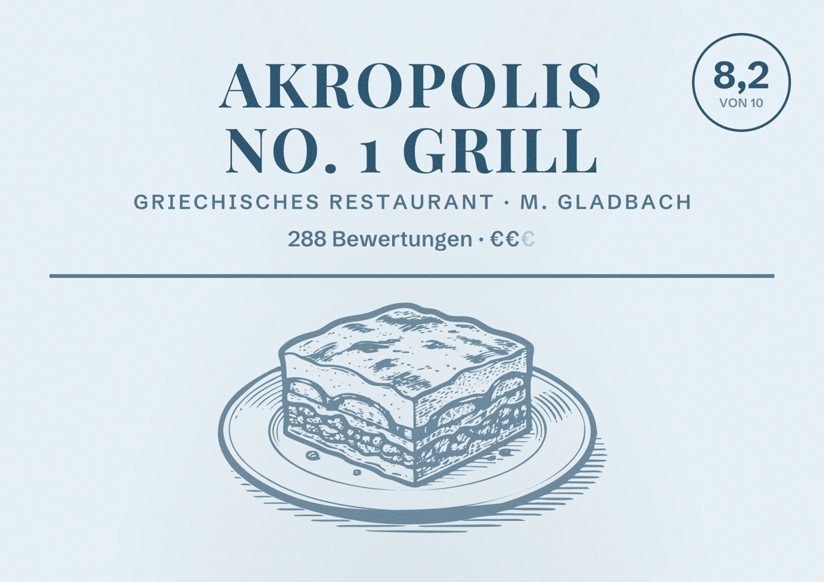 Illustriertes Poster von Akropolis No. 1 Grill, Griechisches Restaurant in M. Gladbach: Bewertung 8,2 von 10 aus 288 Bewertungen, Preisniveau €€