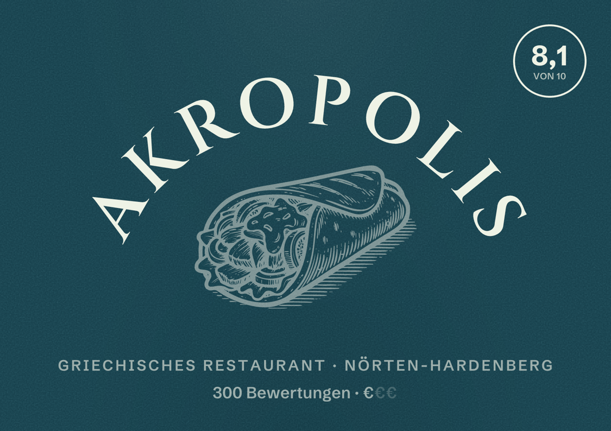 Illustriertes Poster von Akropolis, Griechisches Restaurant in Nörten-Hardenberg: Bewertung 8,1 von 10 aus 300 Bewertungen, Preisniveau €