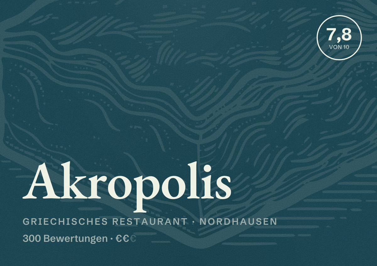 Illustriertes Poster von Akropolis, Griechisches Restaurant in Nordhausen: Bewertung 7,8 von 10 aus 300 Bewertungen, Preisniveau €€