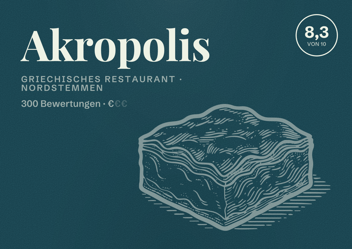 Illustriertes Poster von Akropolis, Griechisches Restaurant in Nordstemmen: Bewertung 8,3 von 10 aus 300 Bewertungen, Preisniveau €