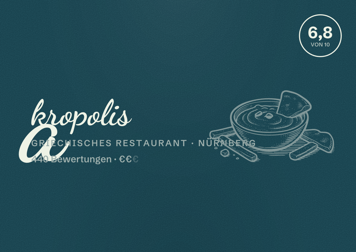 Illustriertes Poster von akropolis, Griechisches Restaurant in Nürnberg: Bewertung 6,8 von 10 aus 440 Bewertungen, Preisniveau €€