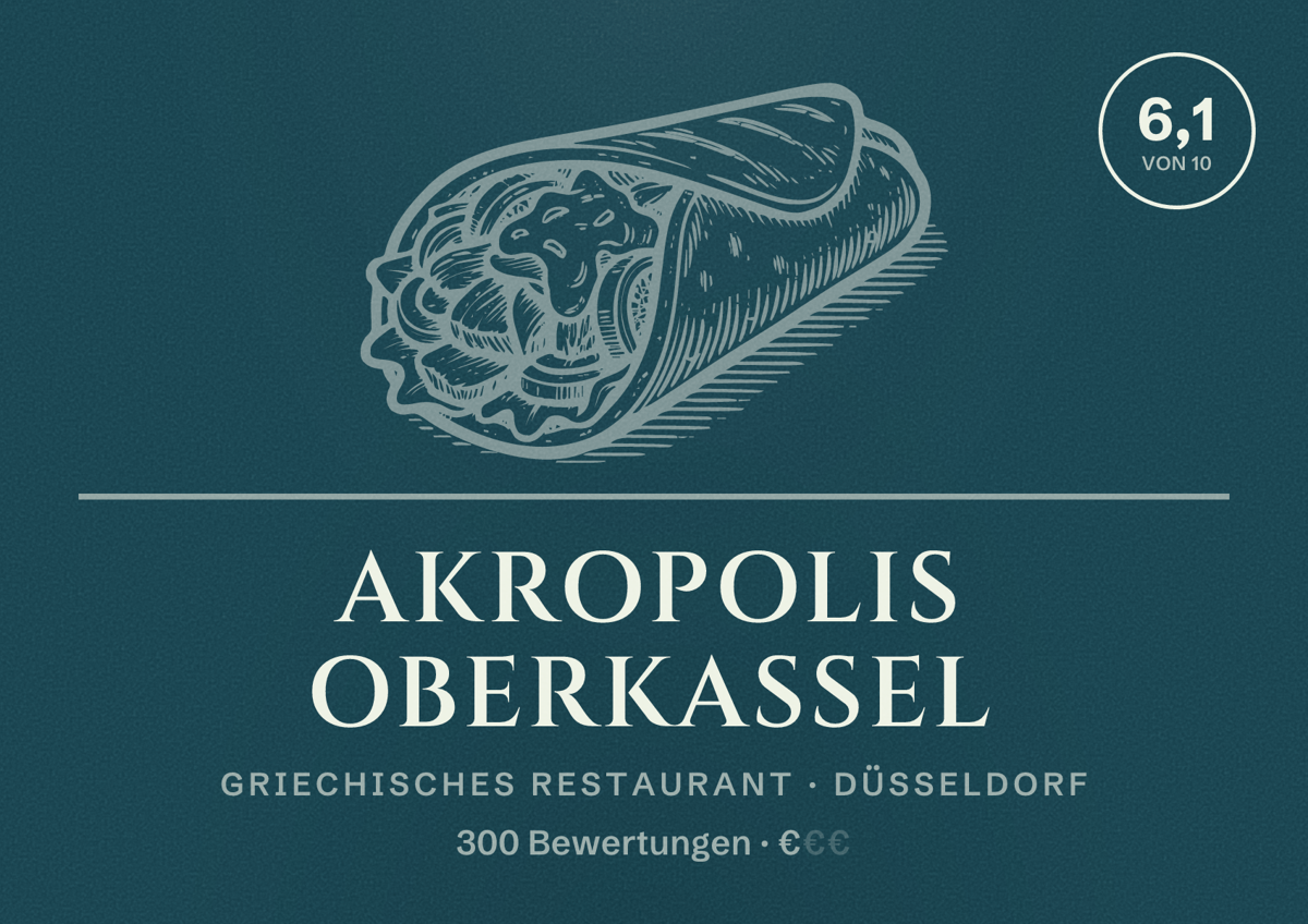 Illustriertes Poster von Akropolis Oberkassel, Griechisches Restaurant in Düsseldorf: Bewertung 6,1 von 10 aus 300 Bewertungen, Preisniveau €