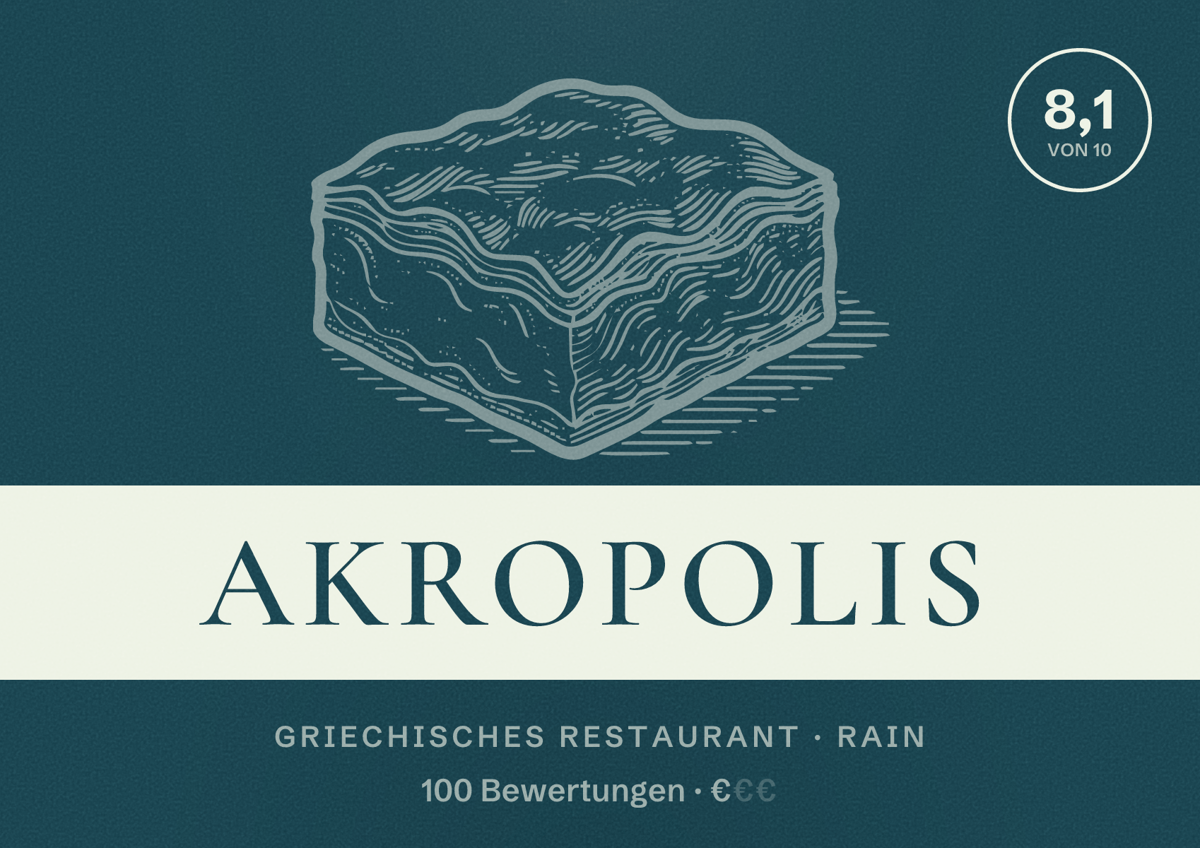 Illustriertes Poster von Akropolis, Griechisches Restaurant in Rain: Bewertung 8,1 von 10 aus 100 Bewertungen, Preisniveau €