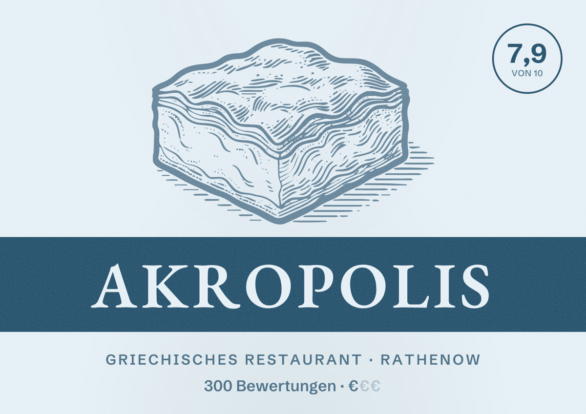 Illustriertes Poster von Akropolis, Griechisches Restaurant in Rathenow: Bewertung 7,9 von 10 aus 300 Bewertungen, Preisniveau €