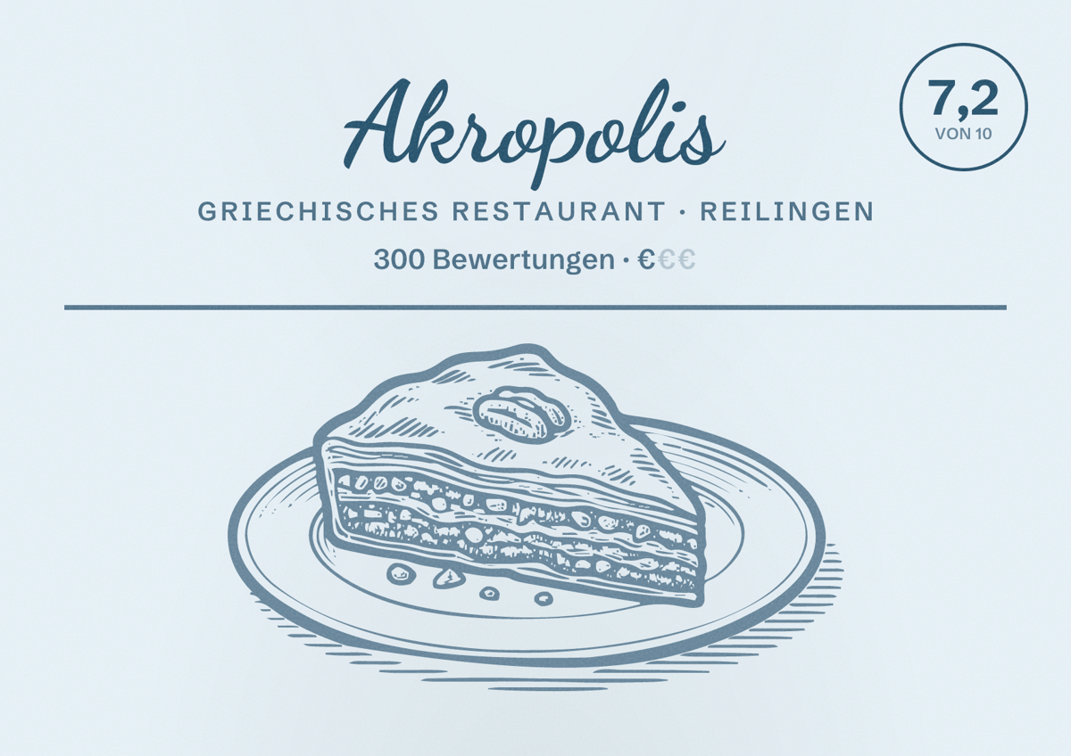 Illustriertes Poster von Akropolis, Griechisches Restaurant in Reilingen: Bewertung 7,2 von 10 aus 300 Bewertungen, Preisniveau €