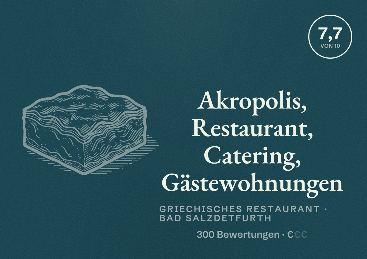 Illustriertes Poster von Akropolis, Restaurant, Catering, Gästewohnungen, Griechisches Restaurant in Bad Salzdetfurth: Bewertung 7,7 von 10 aus 300 Bewertungen, Preisniveau €