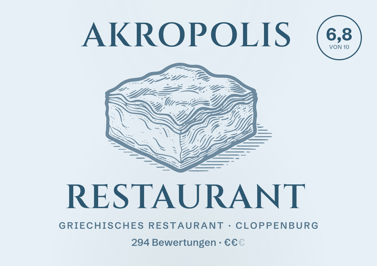 Illustriertes Poster von Akropolis Restaurant, Griechisches Restaurant in Cloppenburg: Bewertung 6,8 von 10 aus 294 Bewertungen, Preisniveau €€