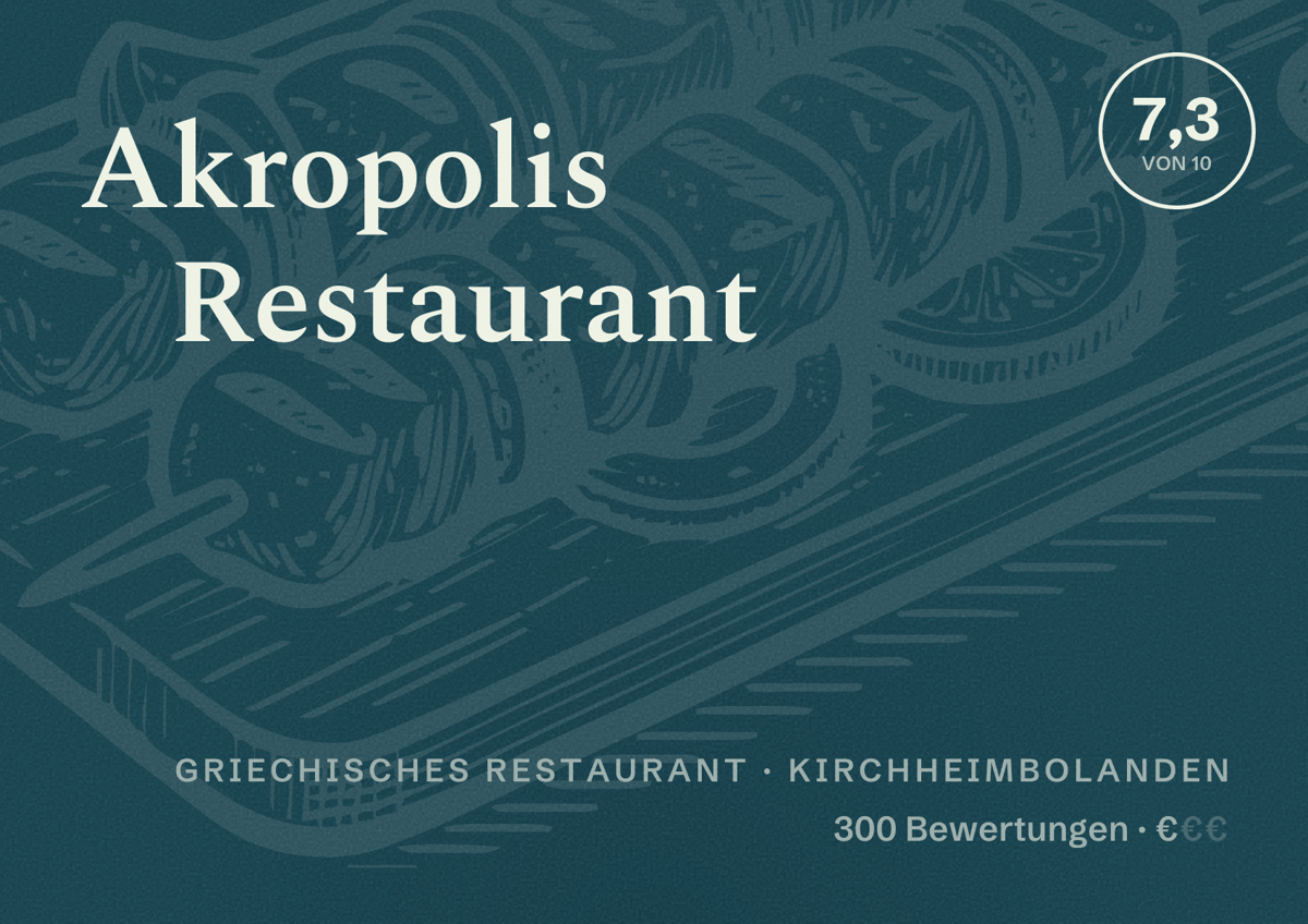 Illustriertes Poster von Akropolis Restaurant, Griechisches Restaurant in Kirchheimbolanden: Bewertung 7,3 von 10 aus 300 Bewertungen, Preisniveau €