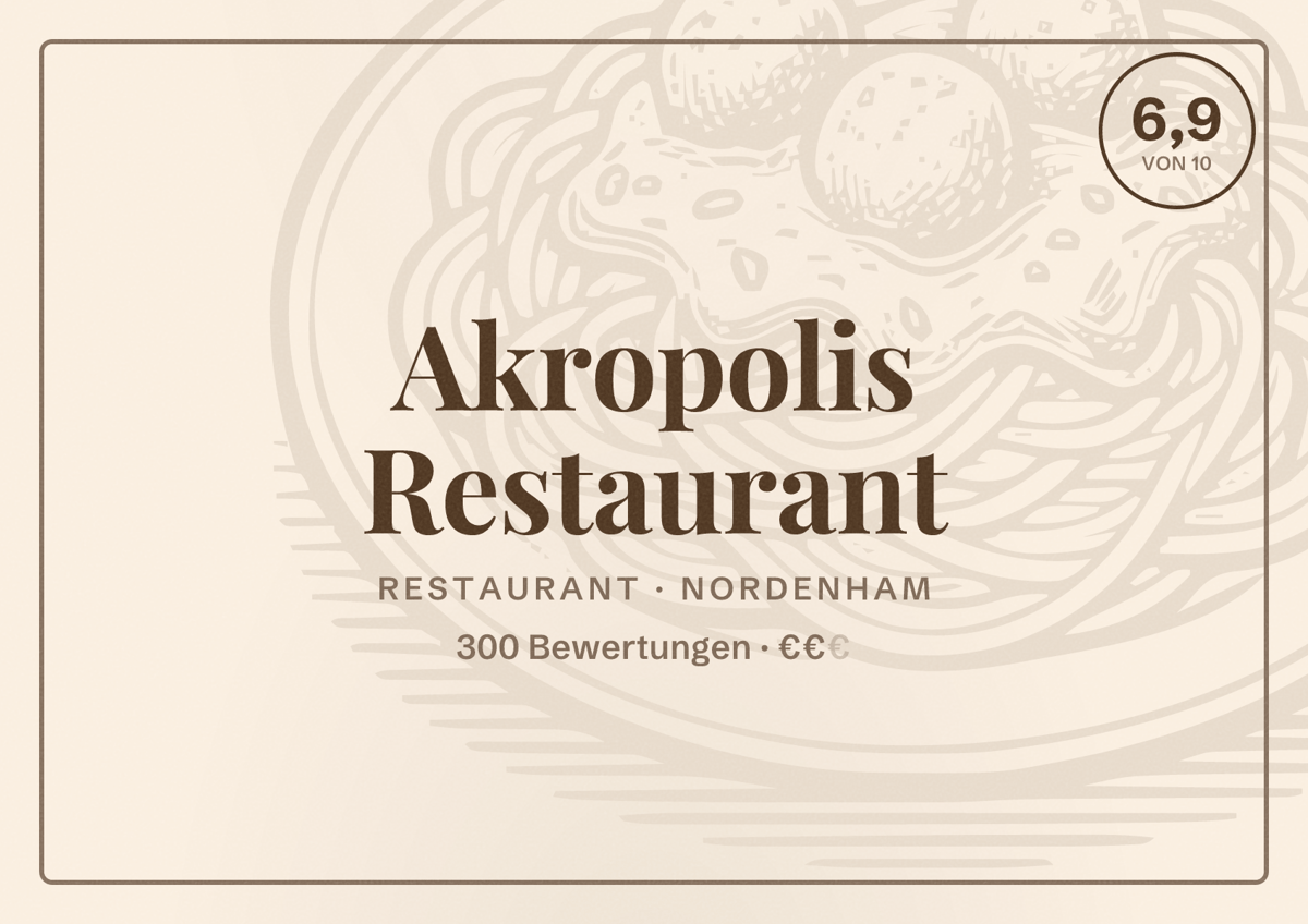 Illustriertes Poster von Akropolis Restaurant, Restaurant in Nordenham: Bewertung 6,9 von 10 aus 300 Bewertungen, Preisniveau €€