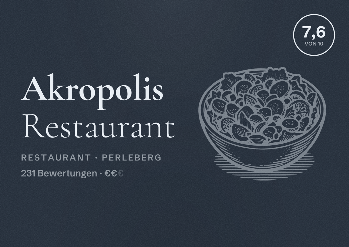 Illustriertes Poster von Akropolis Restaurant, Restaurant in Perleberg: Bewertung 7,6 von 10 aus 231 Bewertungen, Preisniveau €€