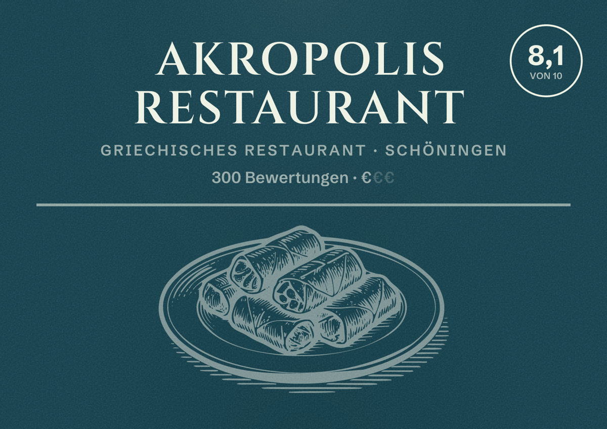 Illustriertes Poster von Akropolis Restaurant, Griechisches Restaurant in Schöningen: Bewertung 8,1 von 10 aus 300 Bewertungen, Preisniveau €