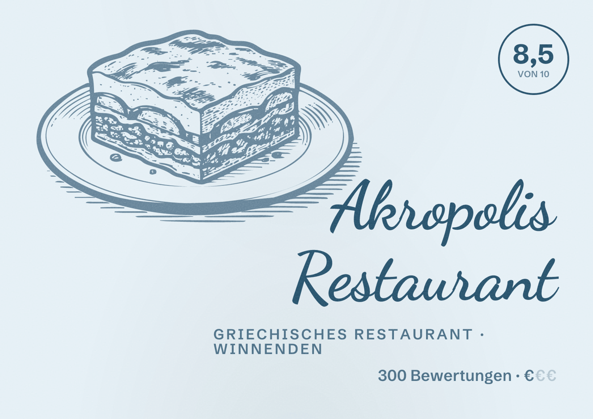 Illustriertes Poster von Akropolis Restaurant, Griechisches Restaurant in Winnenden: Bewertung 8,5 von 10 aus 300 Bewertungen, Preisniveau €