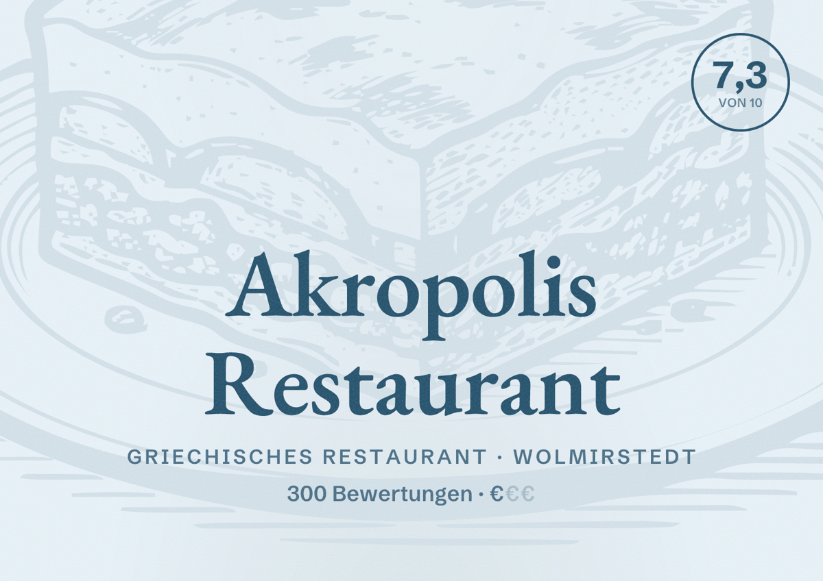 Illustriertes Poster von Akropolis Restaurant, Griechisches Restaurant in Wolmirstedt: Bewertung 7,3 von 10 aus 300 Bewertungen, Preisniveau €