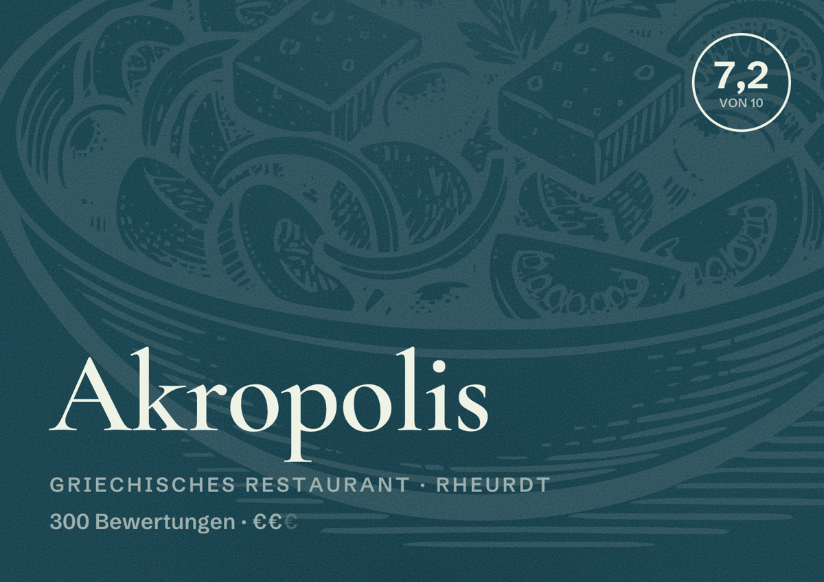 Illustriertes Poster von Akropolis, Griechisches Restaurant in Rheurdt: Bewertung 7,2 von 10 aus 300 Bewertungen, Preisniveau €€