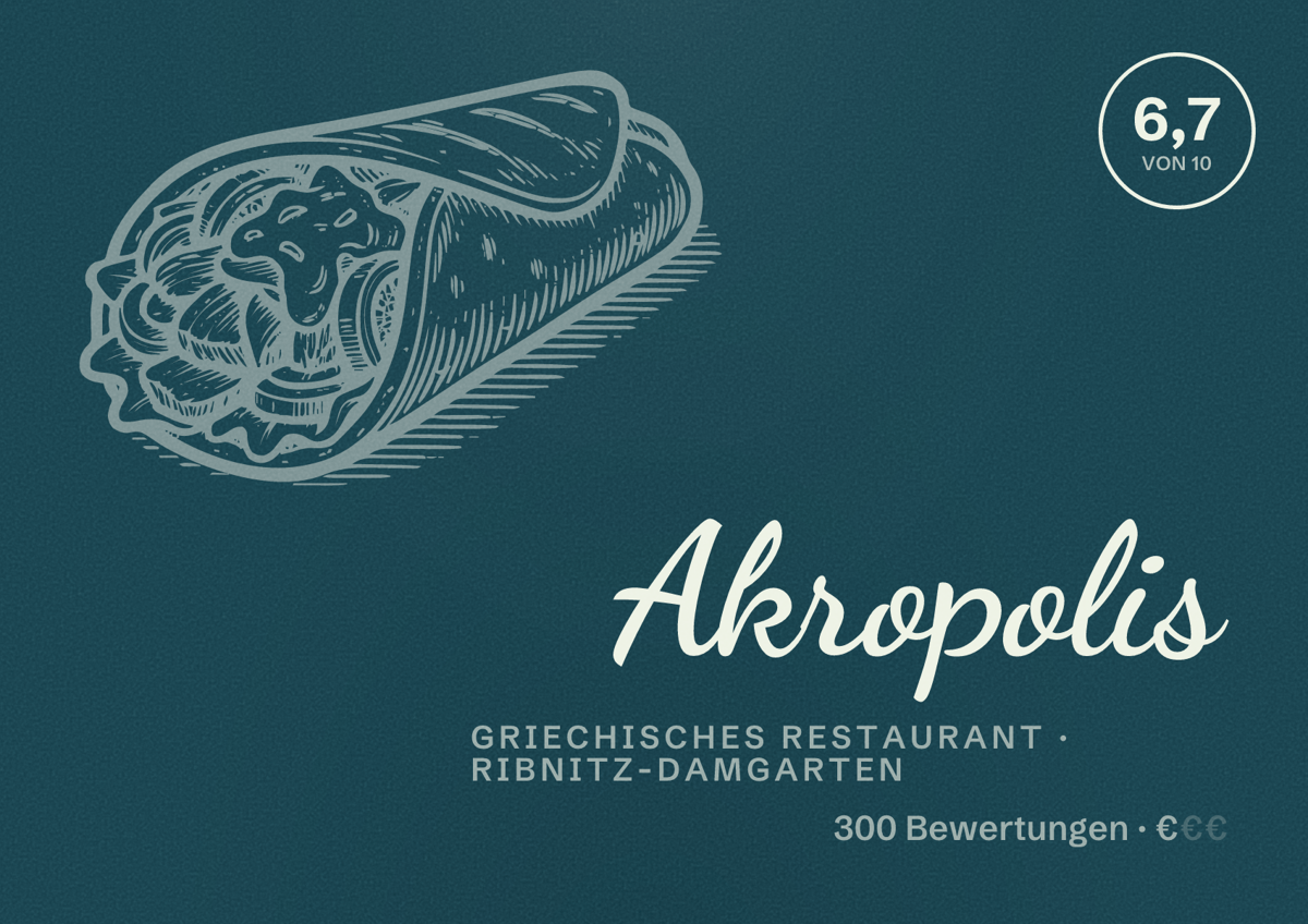 Illustriertes Poster von Akropolis, Griechisches Restaurant in Ribnitz-Damgarten: Bewertung 6,7 von 10 aus 300 Bewertungen, Preisniveau €