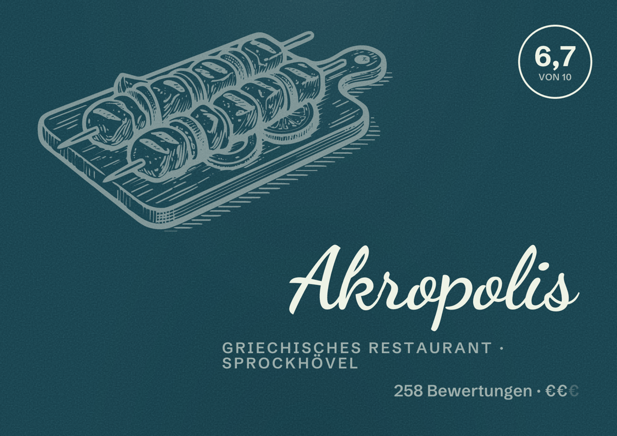 Illustriertes Poster von Akropolis, Griechisches Restaurant in Sprockhövel: Bewertung 6,7 von 10 aus 258 Bewertungen, Preisniveau €€