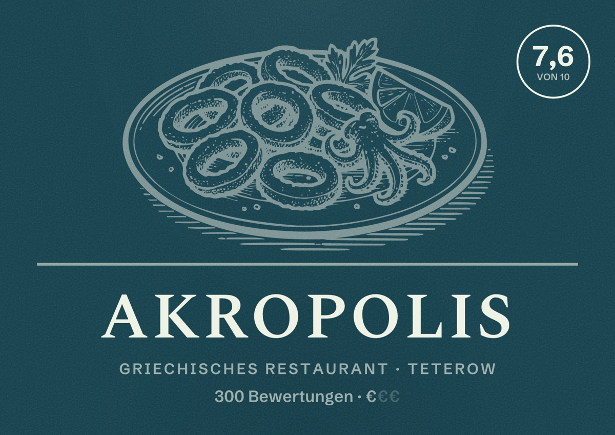 Illustriertes Poster von Akropolis, Griechisches Restaurant in Teterow: Bewertung 7,6 von 10 aus 300 Bewertungen, Preisniveau €