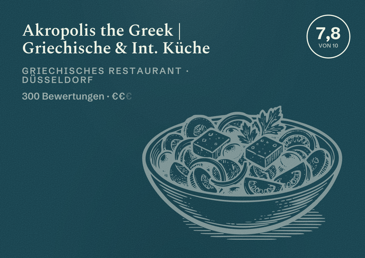 Illustriertes Poster von Akropolis the Greek | Griechische & Int. Küche, Griechisches Restaurant in Düsseldorf: Bewertung 7,8 von 10 aus 300 Bewertungen, Preisniveau €€
