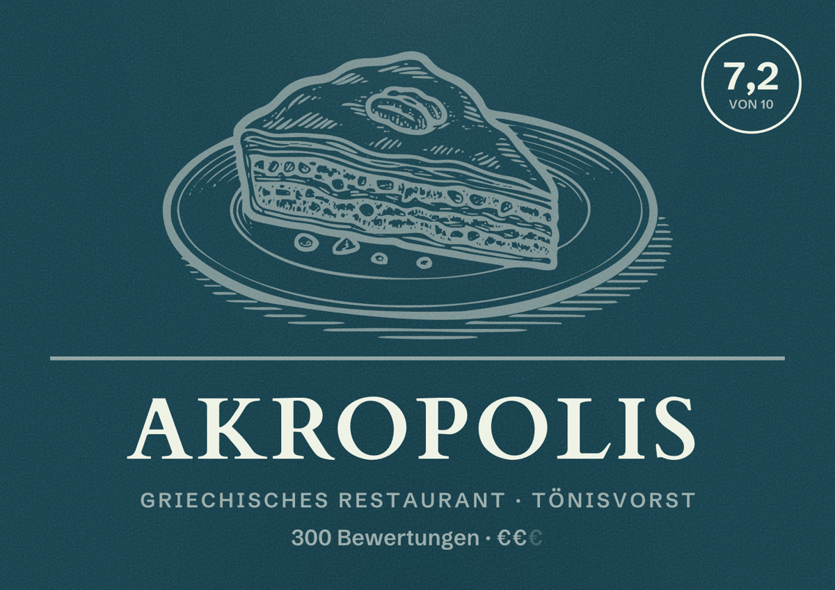 Illustriertes Poster von Akropolis, Griechisches Restaurant in Tönisvorst: Bewertung 7,2 von 10 aus 300 Bewertungen, Preisniveau €€