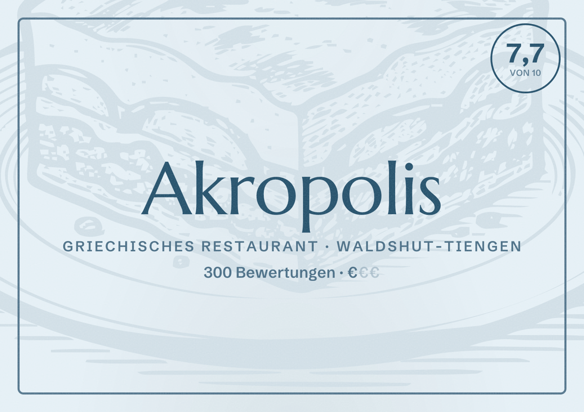 Illustriertes Poster von Akropolis, Griechisches Restaurant in Waldshut-Tiengen: Bewertung 7,7 von 10 aus 300 Bewertungen, Preisniveau €