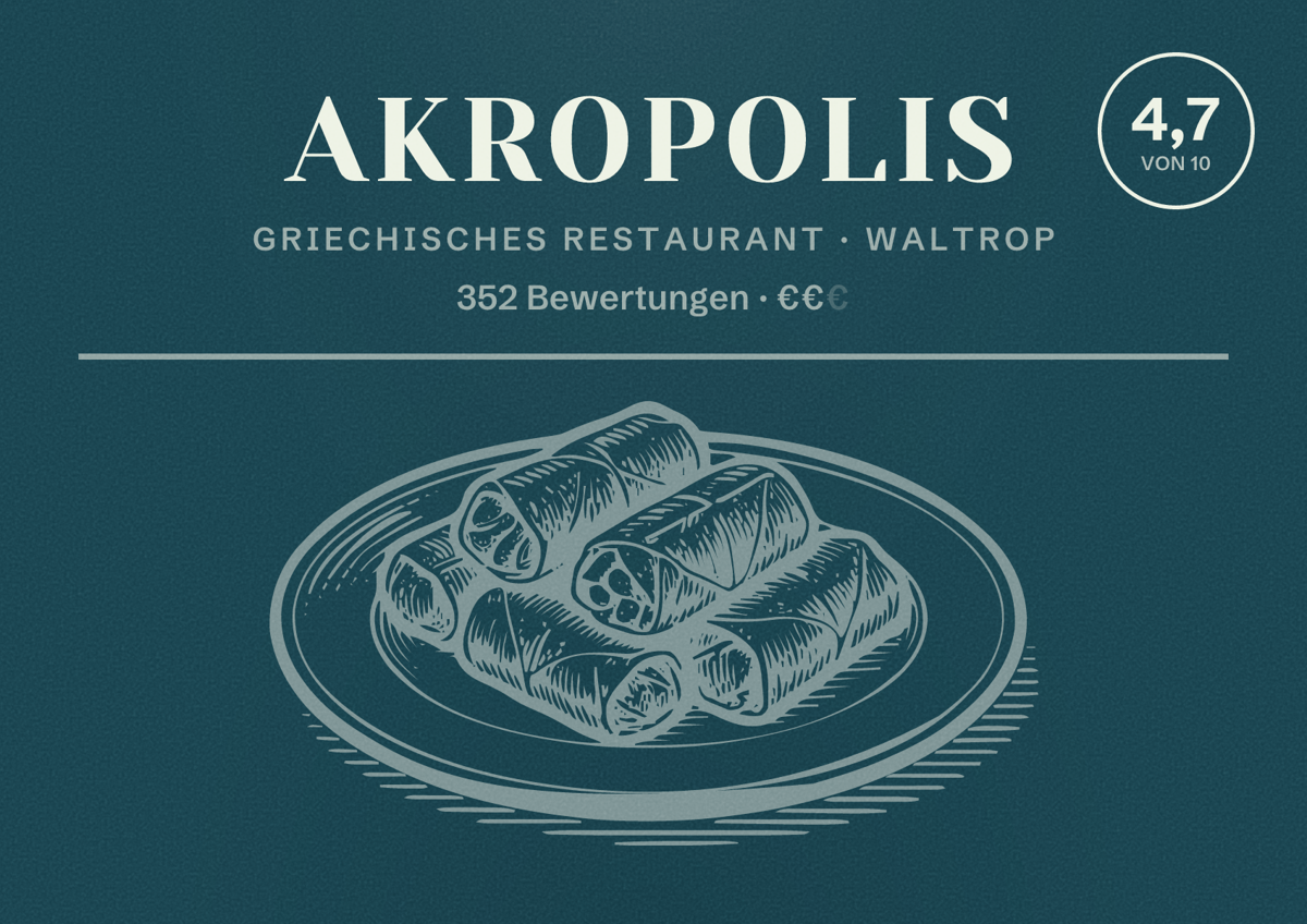 Illustriertes Poster von Akropolis, Griechisches Restaurant in Waltrop: Bewertung 4,7 von 10 aus 352 Bewertungen, Preisniveau €€