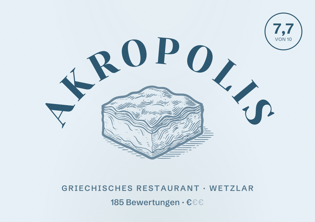 Illustriertes Poster von Akropolis, Griechisches Restaurant in Wetzlar: Bewertung 7,7 von 10 aus 185 Bewertungen, Preisniveau €