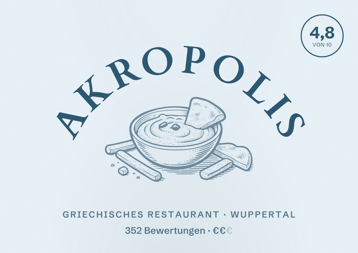 Illustriertes Poster von Akropolis, Griechisches Restaurant in Wuppertal: Bewertung 4,8 von 10 aus 352 Bewertungen, Preisniveau €€