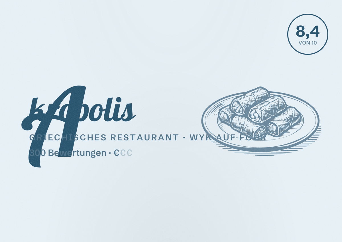 Illustriertes Poster von Akropolis, Griechisches Restaurant in Wyk auf Föhr: Bewertung 8,4 von 10 aus 300 Bewertungen, Preisniveau €
