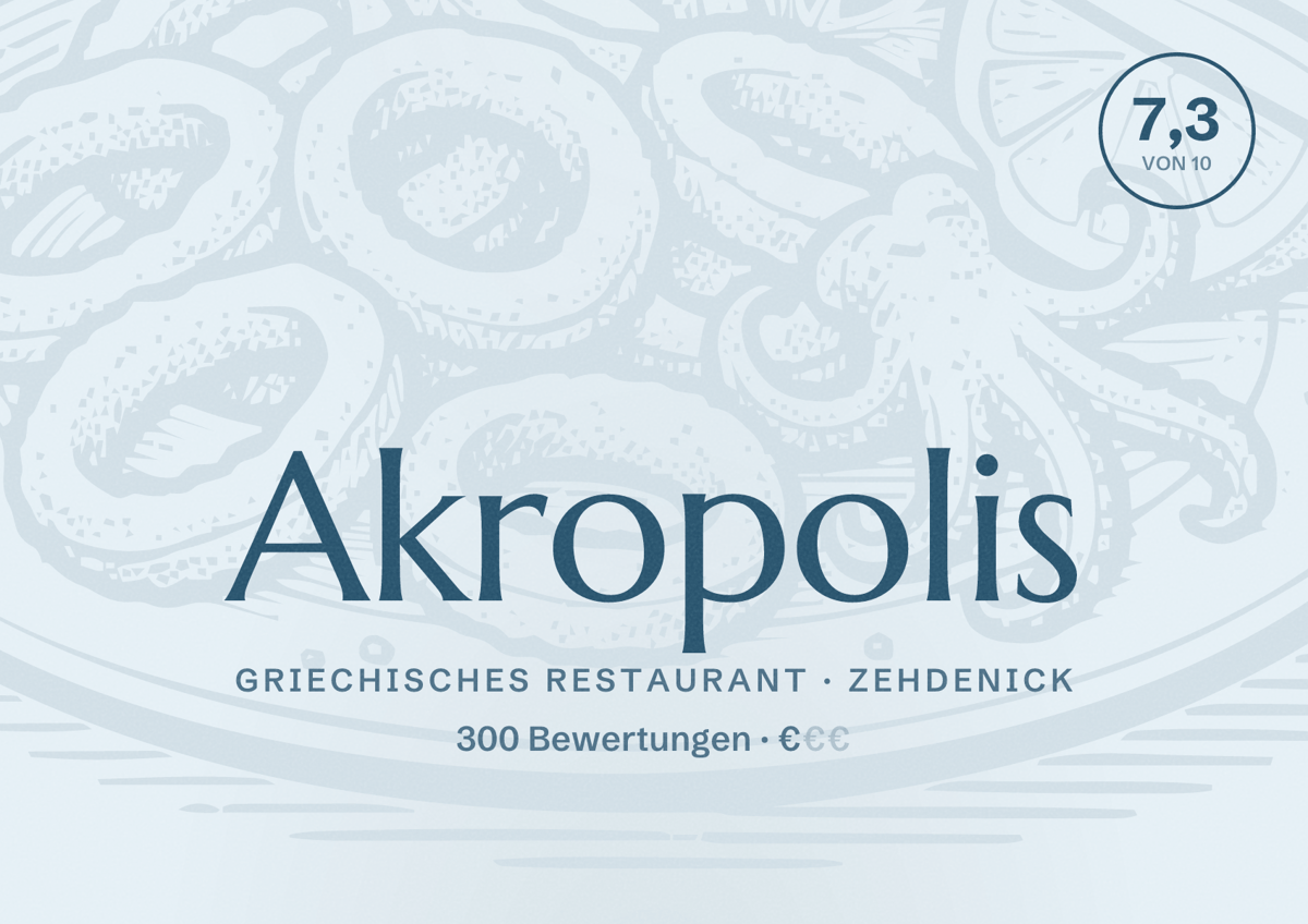 Illustriertes Poster von Akropolis, Griechisches Restaurant in Zehdenick: Bewertung 7,3 von 10 aus 300 Bewertungen, Preisniveau €