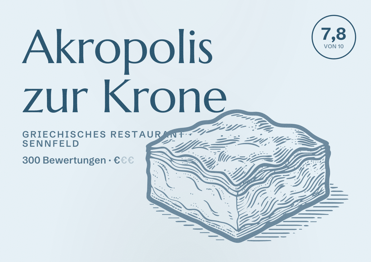 Illustriertes Poster von Akropolis zur Krone, Griechisches Restaurant in Sennfeld: Bewertung 7,8 von 10 aus 300 Bewertungen, Preisniveau €