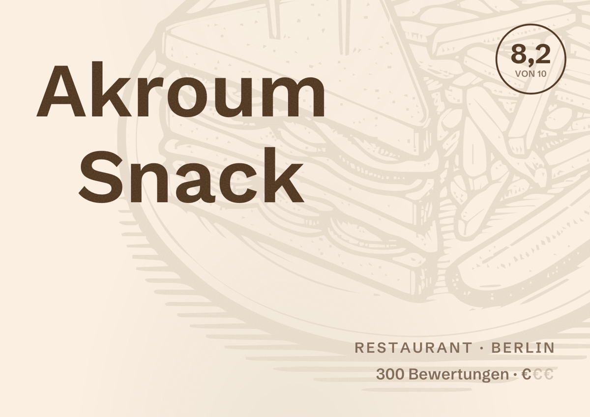 Illustriertes Poster von Akroum Snack, Restaurant in Berlin: Bewertung 8,2 von 10 aus 300 Bewertungen, Preisniveau €