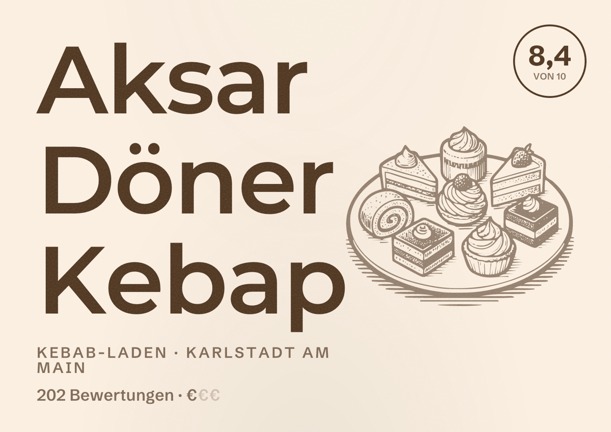 Illustriertes Poster von Aksar Döner Kebap, Kebab-Laden in Karlstadt am Main: Bewertung 8,4 von 10 aus 202 Bewertungen, Preisniveau €