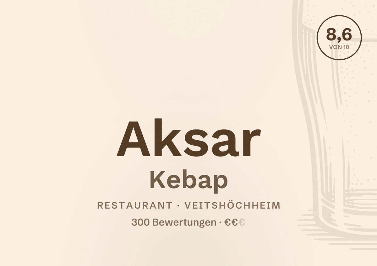 Illustriertes Poster von Aksar Kebap, Restaurant in Veitshöchheim: Bewertung 8,6 von 10 aus 300 Bewertungen, Preisniveau €€