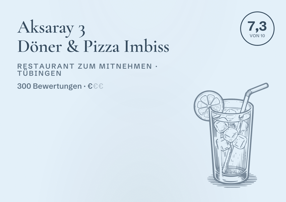 Illustriertes Poster von Aksaray 3 Döner & Pizza Imbiss, Restaurant zum Mitnehmen in Tübingen: Bewertung 7,3 von 10 aus 300 Bewertungen, Preisniveau €