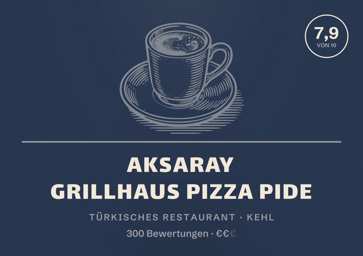 Illustriertes Poster von Aksaray Grillhaus Pizza Pide, Türkisches Restaurant in Kehl: Bewertung 7,9 von 10 aus 300 Bewertungen, Preisniveau €€