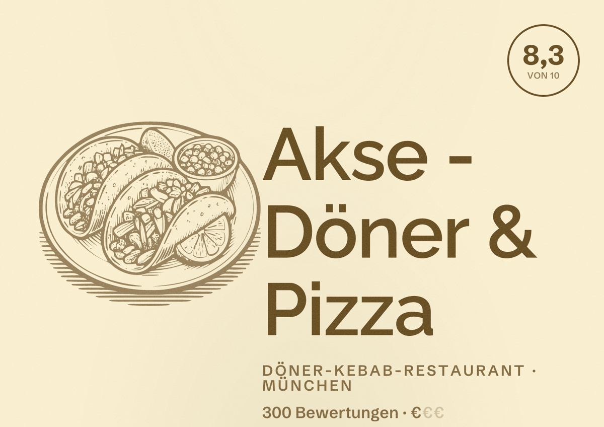 Illustriertes Poster von Akse - Döner & Pizza, Döner-Kebab-Restaurant in München: Bewertung 8,3 von 10 aus 300 Bewertungen, Preisniveau €