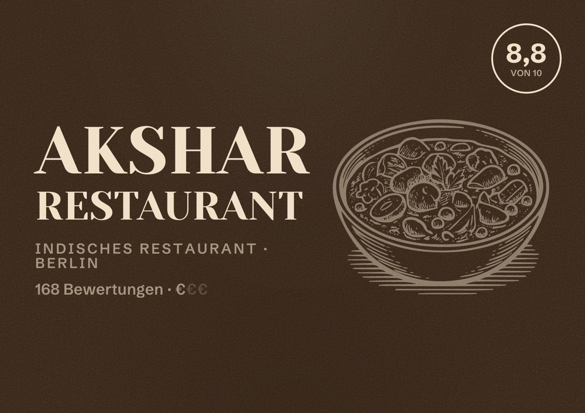Illustriertes Poster von Akshar Restaurant, Indisches Restaurant in Berlin: Bewertung 8,8 von 10 aus 168 Bewertungen, Preisniveau €