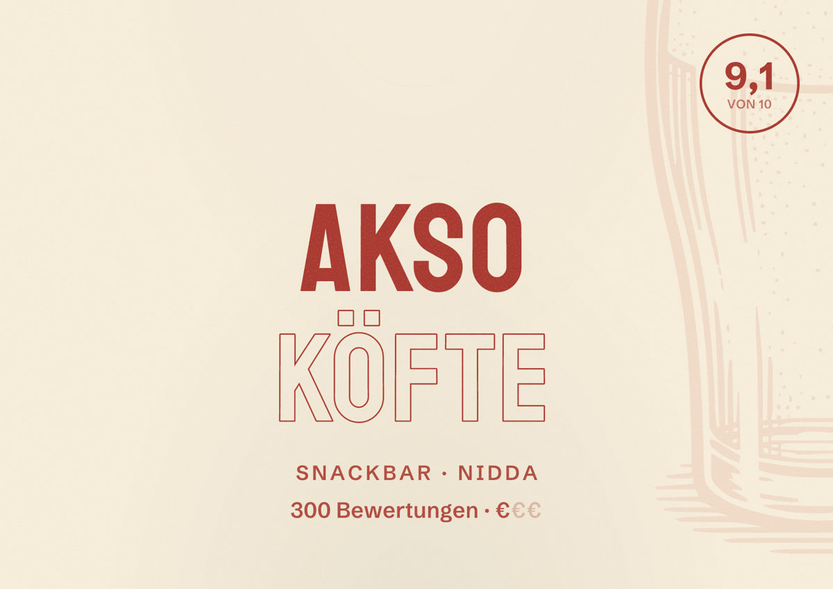 Illustriertes Poster von AKSO Köfte, Snackbar in Nidda: Bewertung 9,1 von 10 aus 300 Bewertungen, Preisniveau €
