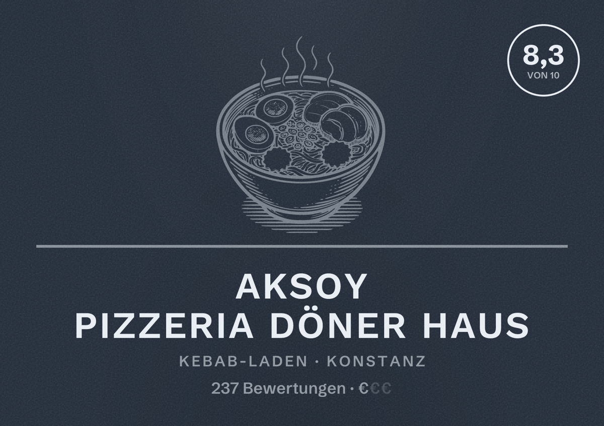 Illustriertes Poster von Aksoy Pizzeria Döner Haus, Kebab-Laden in Konstanz: Bewertung 8,3 von 10 aus 237 Bewertungen, Preisniveau €
