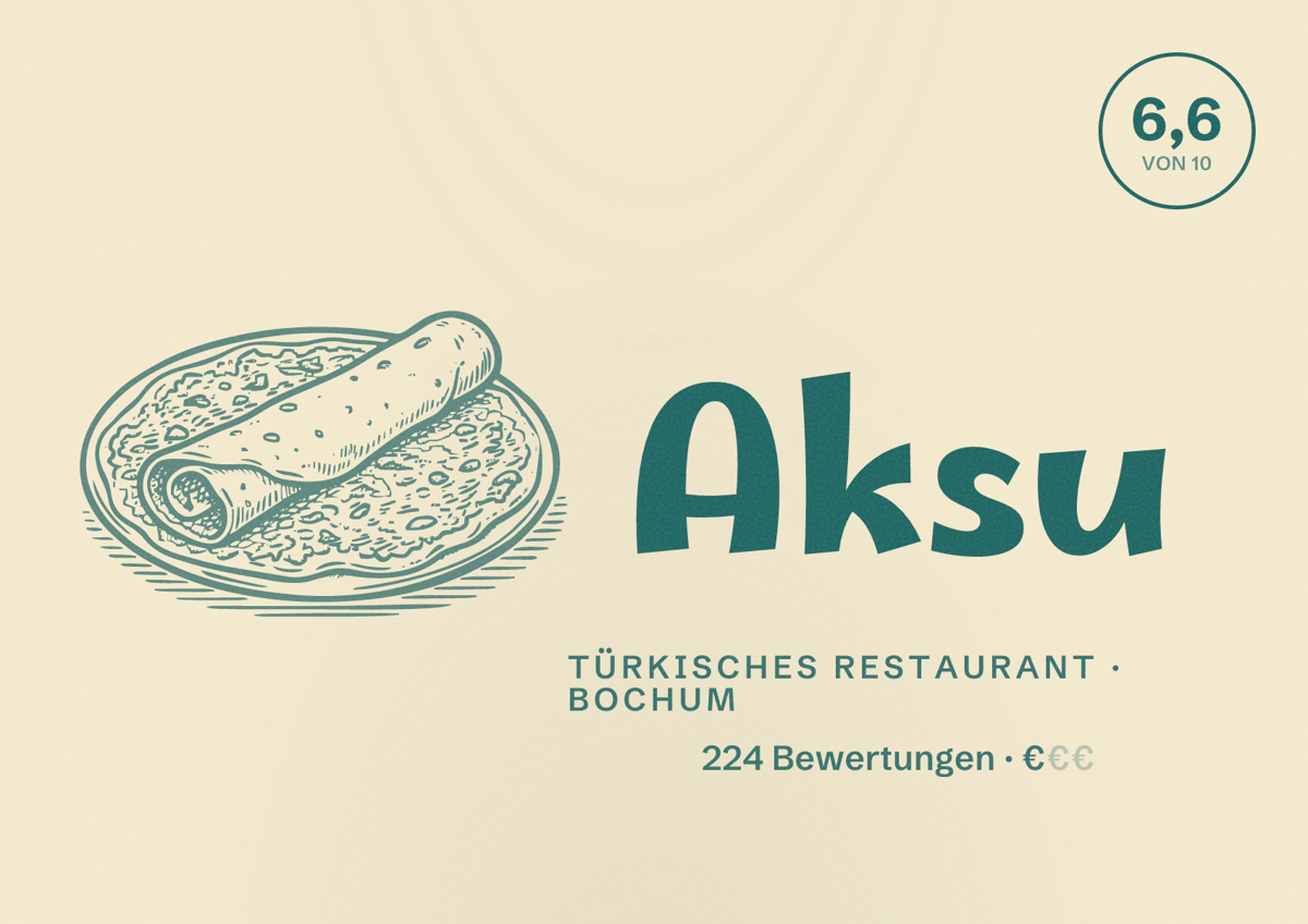 Illustriertes Poster von Aksu, Türkisches Restaurant in Bochum: Bewertung 6,6 von 10 aus 224 Bewertungen, Preisniveau €
