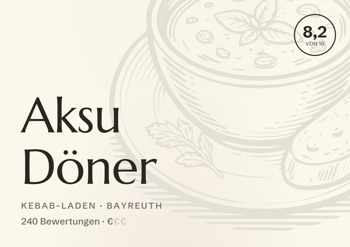 Illustriertes Poster von Aksu Döner, Kebab-Laden in Bayreuth: Bewertung 8,2 von 10 aus 240 Bewertungen, Preisniveau €